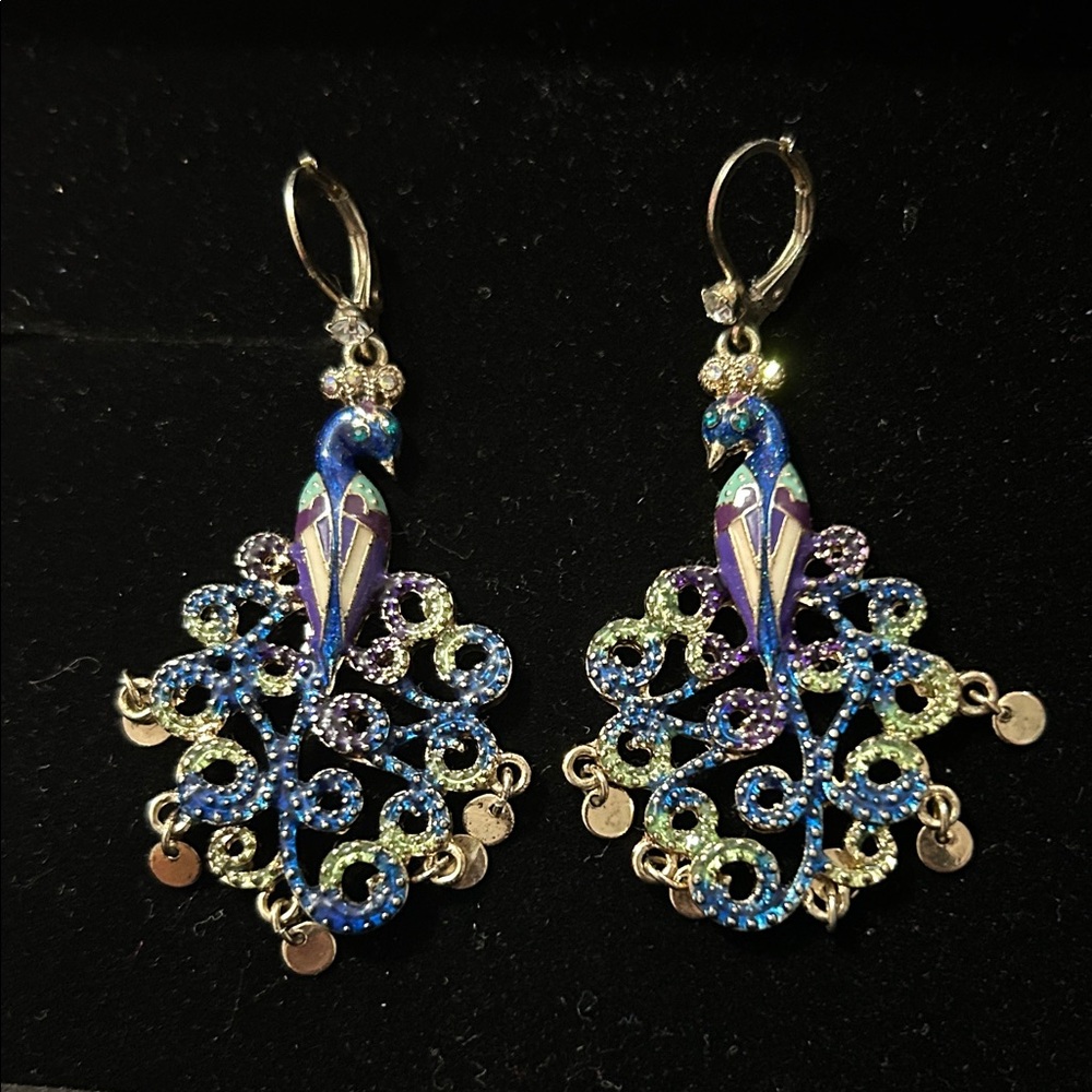 EUC Betsey Johnson - Blue and Green Peacock Drop Earrings - Women's Jewelry